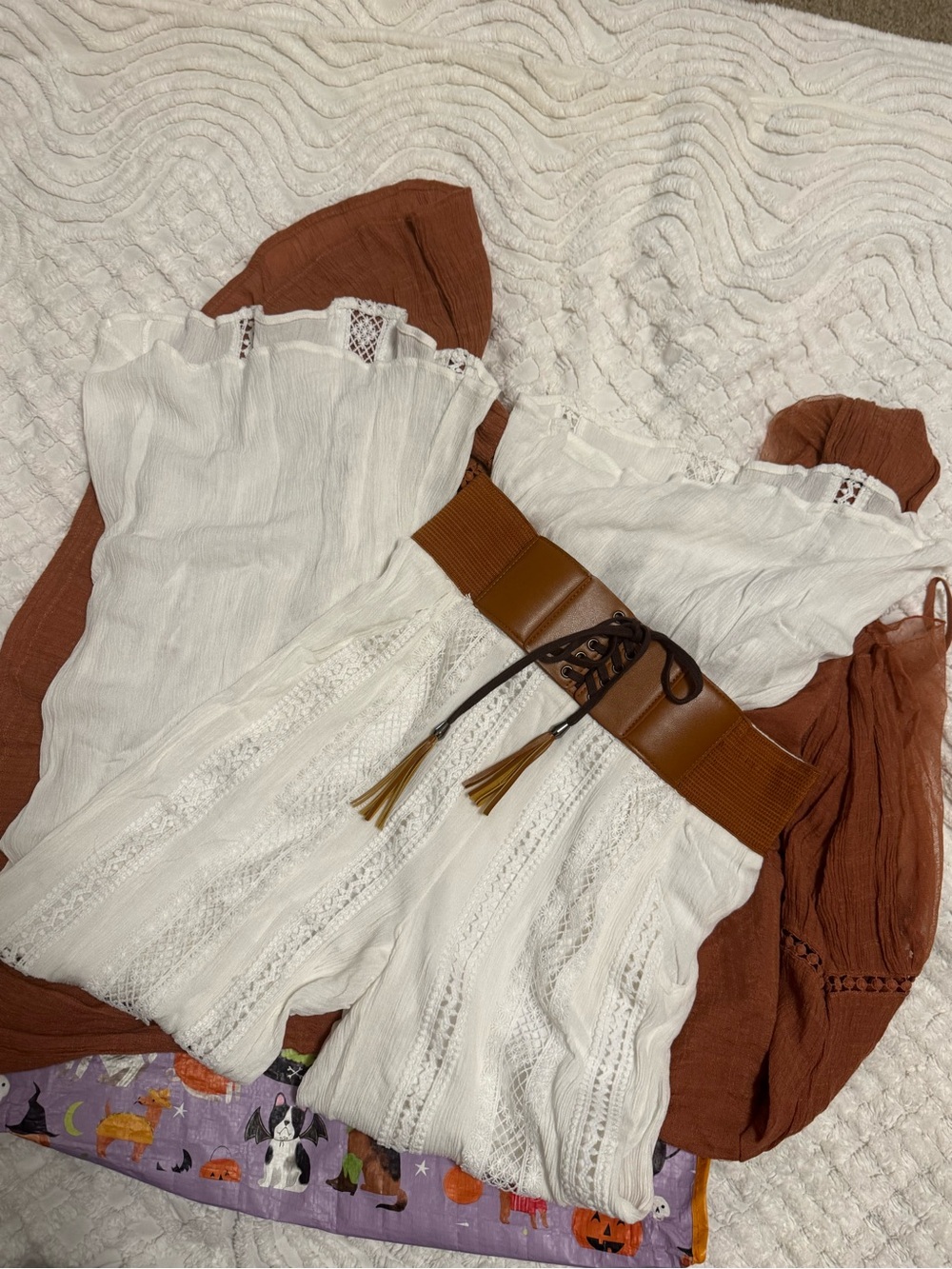 Women's boho White crochet pants with Brown Waist Belt